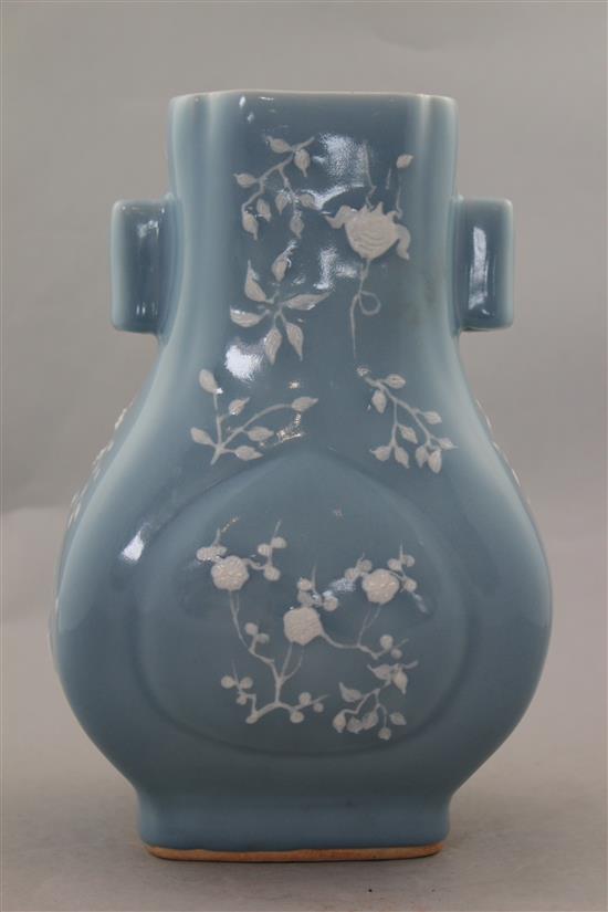 A Chinese Clair de Lune glazed Fanghu shaped vase, Qianlong seal mark but later, 27.5cm